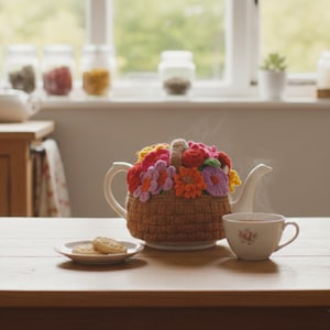 Stickmönster: Blomkorg med tekanna, blommig tekannavärmare PDF, Cottagecore köksinredning, färgglad stickad blomdesign, gör-det-själv-presentidé