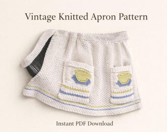 Patrón de tejido de delantal vintage en forma de taza - Delantal de cocina retro con bolsillos - Regalo fácil de tejer - Descarga digital (patrón PDF)