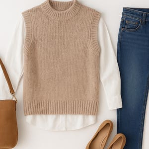 Op de afbeelding: Een casual outfit met een beige gebreide vest over een wit overhemd, gecombineerd met een blauwe jeans, een bruine handtas en beige ballerina's. De set is geplaatst op een witte ondergrond, wat duidt op een kant-en-klare look.