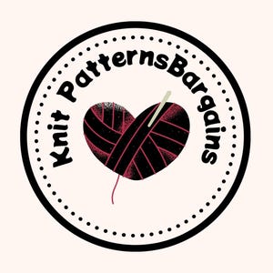 May include: Circular logo with the text "Knit Patterns Bargains" in black. A heart-shaped ball of yarn in black and red is in the center, with a needle and thread. The logo is on a cream-colored background.