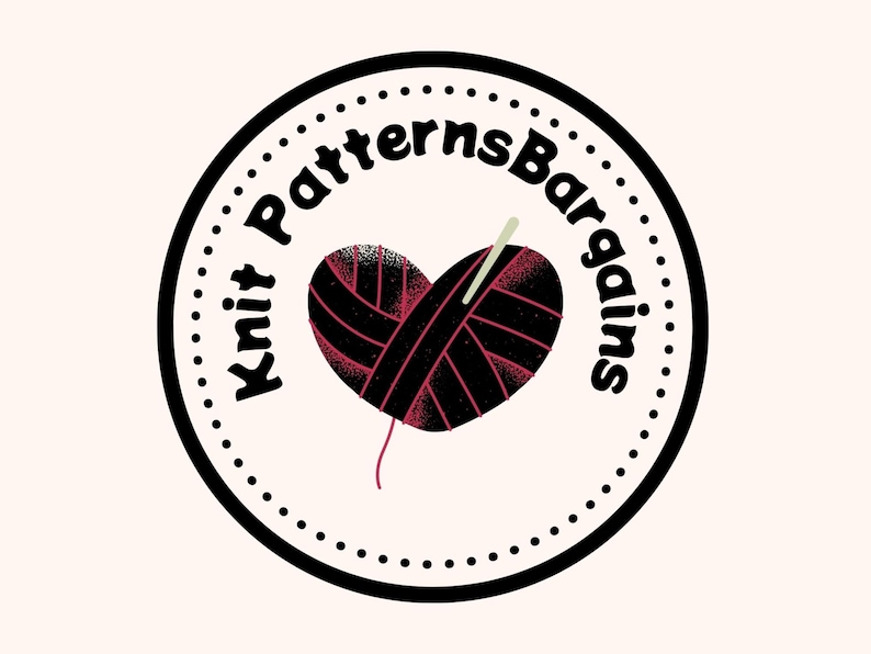 May include: Circular logo with the text "Knit Patterns Bargains" in black. A heart-shaped ball of yarn in black and red is in the center, with a needle and thread. The logo is on a cream-colored background.