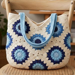 May include: A cream-colored crochet tote bag with a floral pattern in shades of blue. The bag has light blue straps and is sitting on a wooden chair. The floral design is made up of squares.