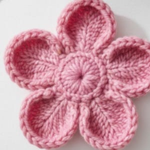 Peut inclure: Une fleur rose faite à la main au crochet, avec cinq pétales et un centre circulaire. Les pétales sont arrondis et légèrement incurvés, donnant à la fleur un aspect en trois dimensions. Le fil a une texture douce.