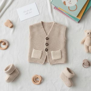 Puede incluir: Un chaleco de bebé tejido de color beige con tres botones marrones y dos bolsillos delanteros. La imagen también presenta un osito de peluche, patucos de bebé, juguetes de madera y una tarjeta que dice "Handmade with love".