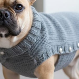 Peut inclure: Un pull pour chien en tricot gris avec une fermeture boutonnée. Le pull est fait d'une matière douce et texturée et présente un col côtelé. Le chien est un bouledogue français brun clair.