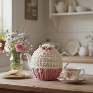 Puede incluir: Una tetera blanca con una funda de ganchillo color crema y una base rosa está sobre una mesa de madera. Una taza y un platillo florales están junto a la tetera. Un plato de galletas y un jarrón con flores también están sobre la mesa.