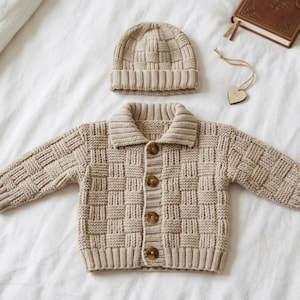 Knitting pattern for kids toddlers boys girls Basketweave Baby Cardigan & Hat Knitting Pattern – DK Wool (PDF Download), cardigan,beanie,hat