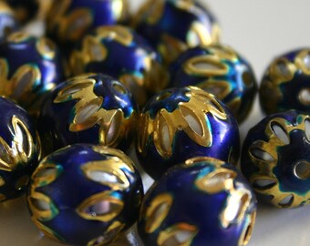 SALE Deep Blue spheres - Floral Cloisonné Meena beads (2) 13mm