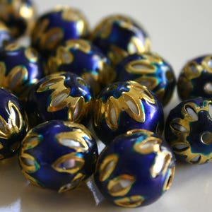 SALE Deep Blue spheres - Floral Cloisonné Meena beads (2) 13mm