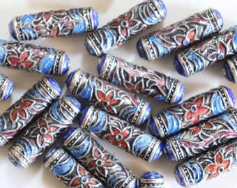 SALE Blaue Zylinder Perlen - 6mm x 20mm Floral Cloisonne Perlen (4)