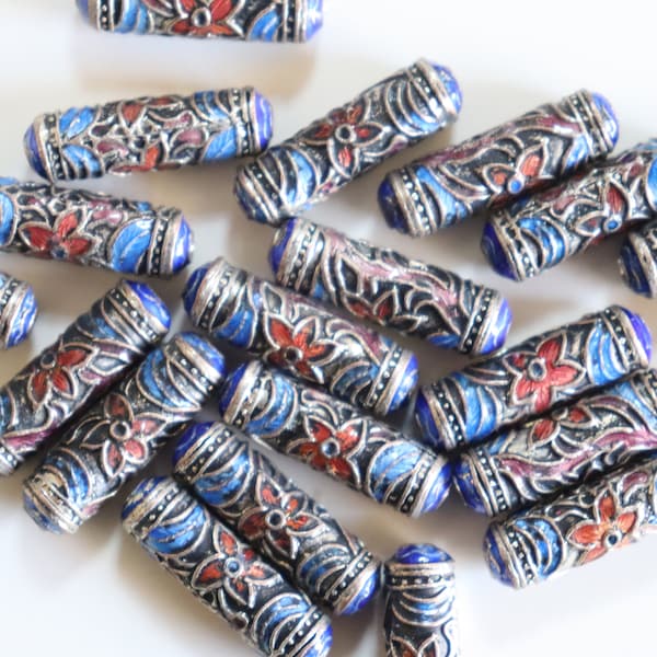 SALE Blue Cylinder Beads  - 6mm x 20mm Floral Cloisonne beads (4)