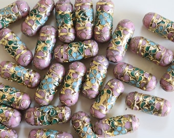 SALE Mauve Cylinder Beads  - 7mm x 19mm Floral Cloisonne beads (4)