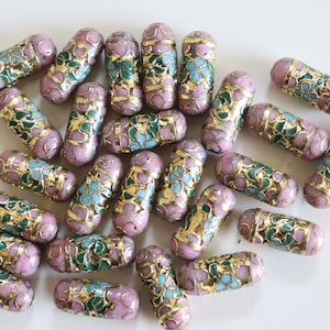 SALE Mauve Cylinder Beads 7mm x 19mm Floral Cloisonne beads 4 image 1