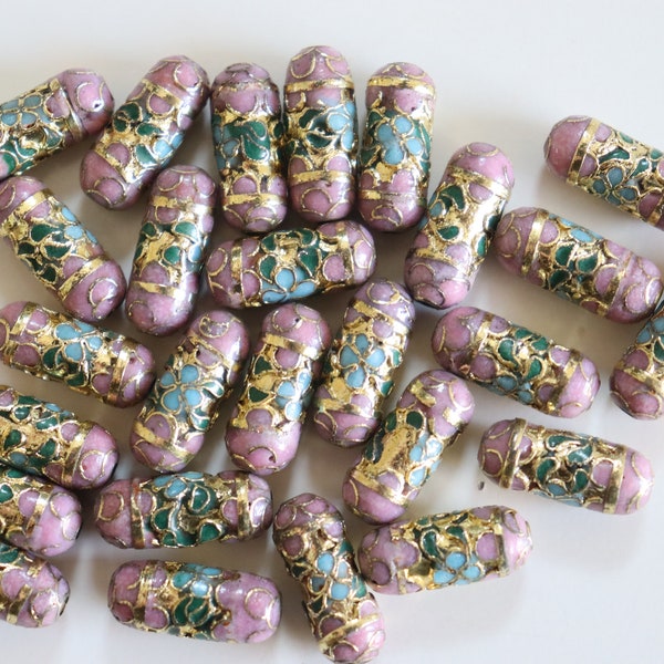 SALE Mauve Cylinder Beads  - 7mm x 19mm Floral Cloisonne beads (4)