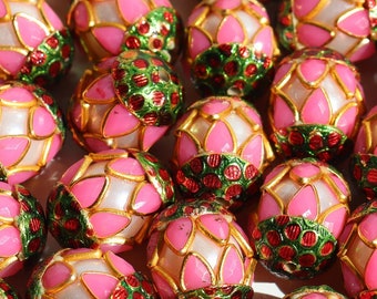 SALE Pink and Pearl Petals - Pachikaam and Meenakari beads (2) 17mm