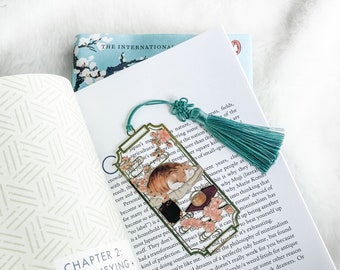 Fat Cat and Cherry Blossoms - bookmark with tassel