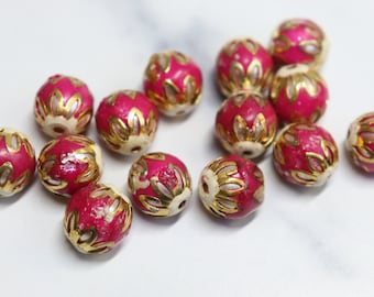 Hot Pink spheres - Floral Cloisonné Meena beads (2) 13mm