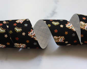 Black Maneki Neko Lucky Cat - Japanese print cotton Fabric Sticker/Tape (1 tape = 5 cm x 1m)