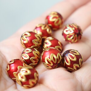 SALE Maroon Gold spheres - Floral Cloisonné Meena beads (2) 13mm