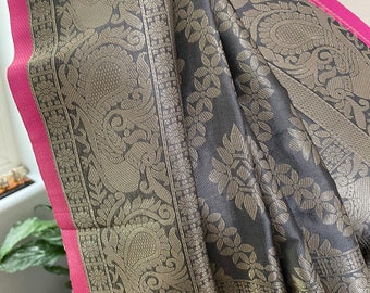 Grey and Gold with pink trim  - Art Silk Saree Sari (5 m / 6 yds)