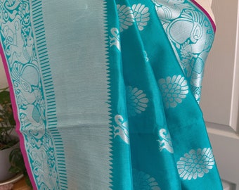 Teal peacock  - Art Silk Saree Sari (5 m / 6 yds)