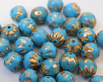 SALE Cerulean Blue spheres - Floral Cloisonné Meena beads (2) 13mm