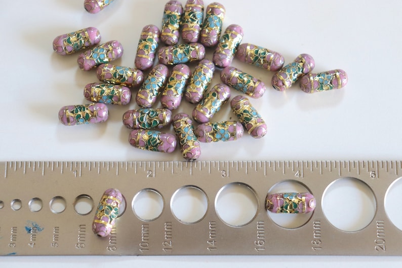 SALE Mauve Cylinder Beads 7mm x 19mm Floral Cloisonne beads 4 image 4