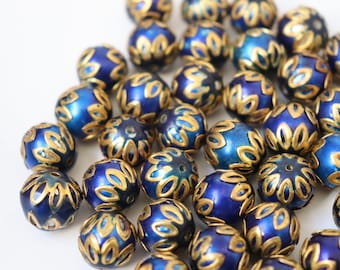 SALE Royal Blue spheres - Floral Cloisonné Meena beads (2) 13mm