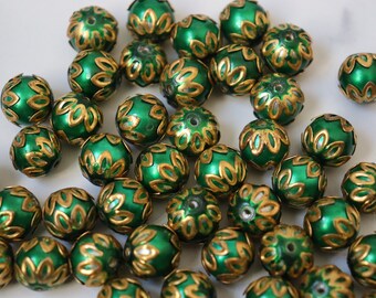 SALE GREEN spheres - Floral Cloisonné Meena beads (2) 13mm