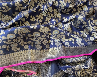 Blue with pink trim Saree  - Art Silk Saree Sari (5 m / 6 yds)