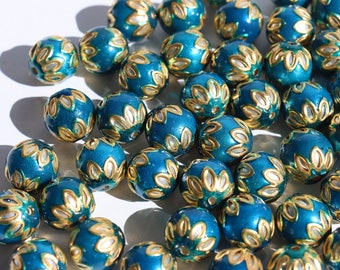 SALE Peacock Blue spheres - Floral Cloisonné Meena beads (2) 13mm