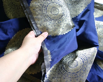 Large NAVY BLUE Mandala - 1 yard of Silk Brocade Fabric