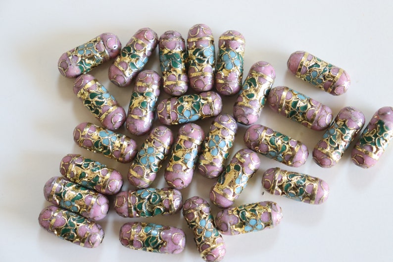 SALE Mauve Cylinder Beads 7mm x 19mm Floral Cloisonne beads 4 image 1