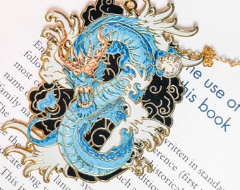 Blue Dragon and Clouds - Brass Dragon shaped bookmark with tassel (2.2" x 3.4")