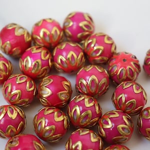 SALE Deep Pink spheres - Floral Cloisonné Meena beads (2) 13mm