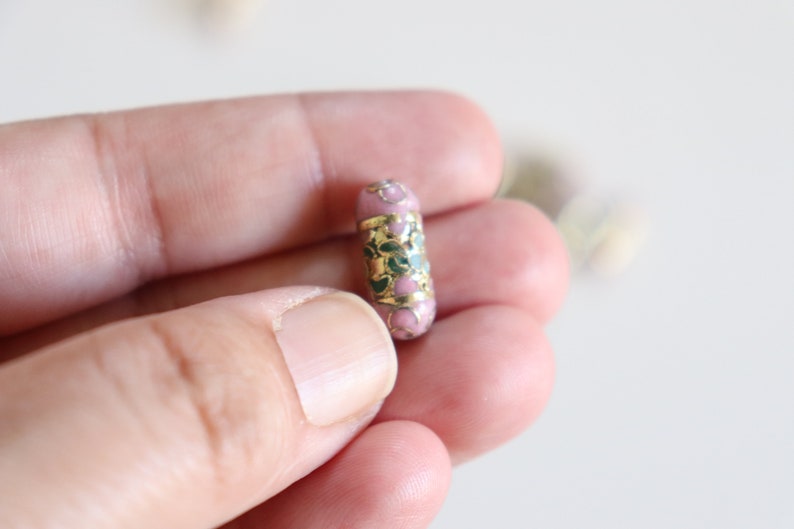 SALE Mauve Cylinder Beads 7mm x 19mm Floral Cloisonne beads 4 image 5