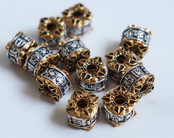 SALE Dorji and Buddhist symbol Beads - Tibetan Silver Beads 7mm x 10mm (2 beads)