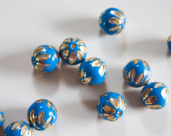SALE Deep Blue floral spheres - Floral Cloisonné Meena beads (2) 13mm
