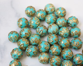 SALE Sea Blue spheres - Floral Cloisonné Meena beads (2) 13mm