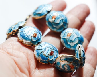 SALE Blue Peony   - 20mm Floral Cloisonne beads (2)
