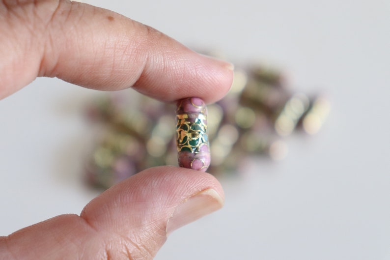 SALE Mauve Cylinder Beads 7mm x 19mm Floral Cloisonne beads 4 image 6
