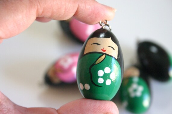 Tamago Chan 1 Wooden Green Japanese Kokeshi Doll Charm Etsy