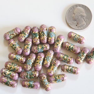 SALE Mauve Cylinder Beads 7mm x 19mm Floral Cloisonne beads 4 image 3