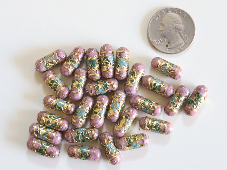 SALE Mauve Cylinder Beads 7mm x 19mm Floral Cloisonne beads 4 image 3