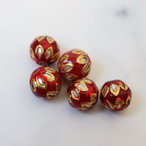 SALE Maroon White Gold spheres - Floral Cloisonné Meena beads (2) 13mm