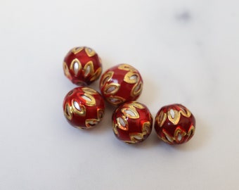 SALE Maroon White Gold spheres - Floral Cloisonné Meena beads (2) 13mm