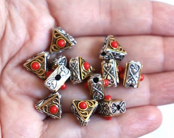 SALE Red Triangles - Tibetan Silver Beads 11mm X 12mm