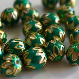 SALE Green spheres - Floral Cloisonné Meena beads (2) 13mm