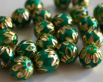 SALE Green spheres - Floral Cloisonné Meena beads (2) 13mm
