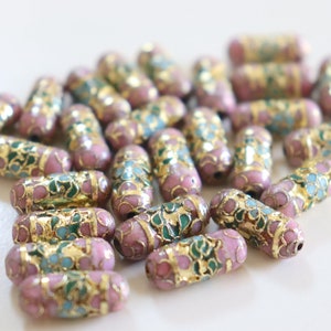 SALE Mauve Cylinder Beads 7mm x 19mm Floral Cloisonne beads 4 image 2